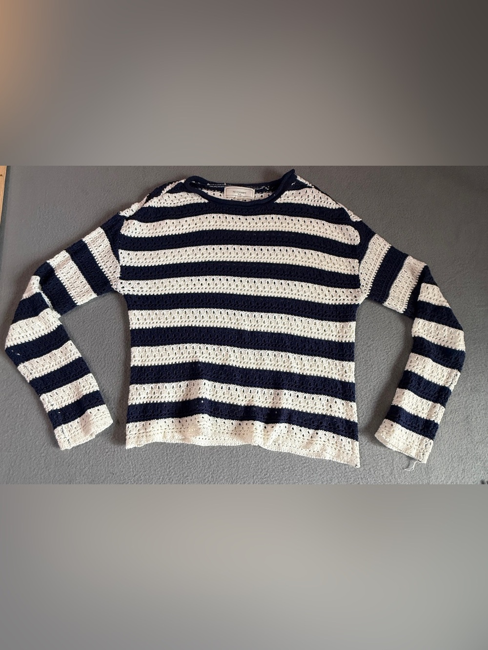 Striped Crochet Crewneck Sweater in Navy and White